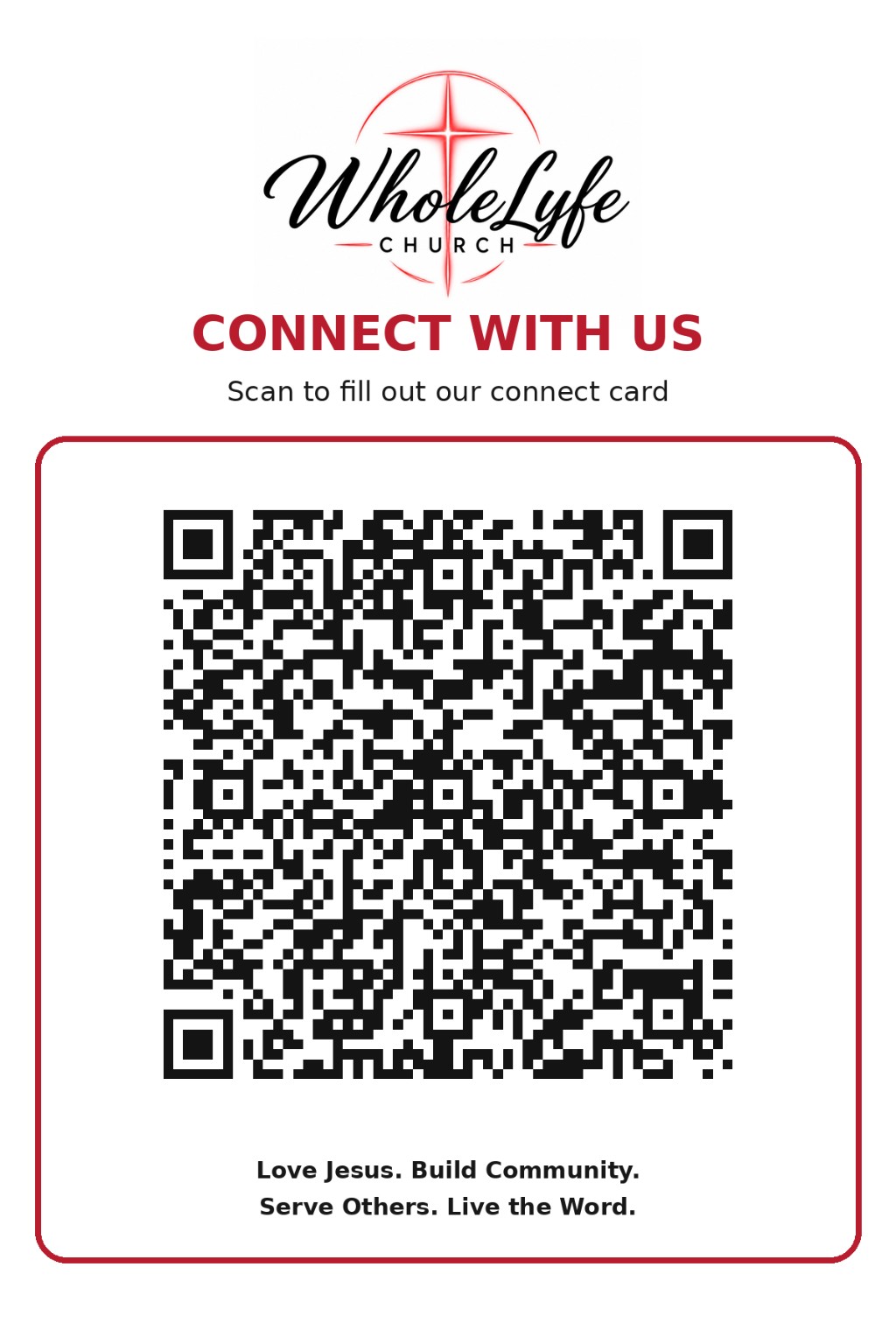 WholeLyfe Church connect card with QR code